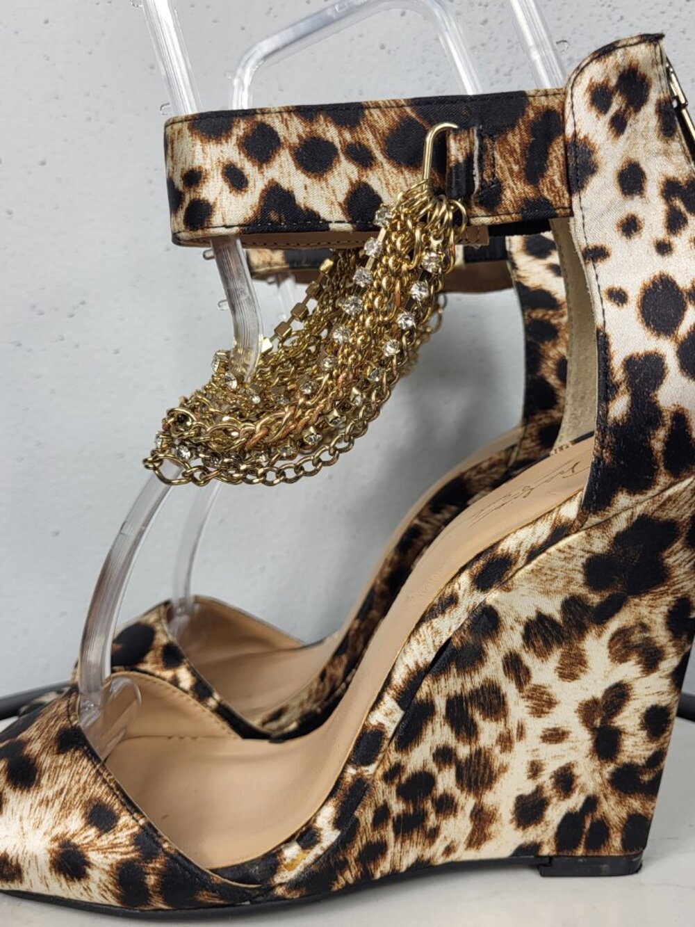 THALIA SODI~SZ 7~BROWN BLACK LEOPARD WEDGE HEELS SANDALS ANKLE STRAP CHAINS